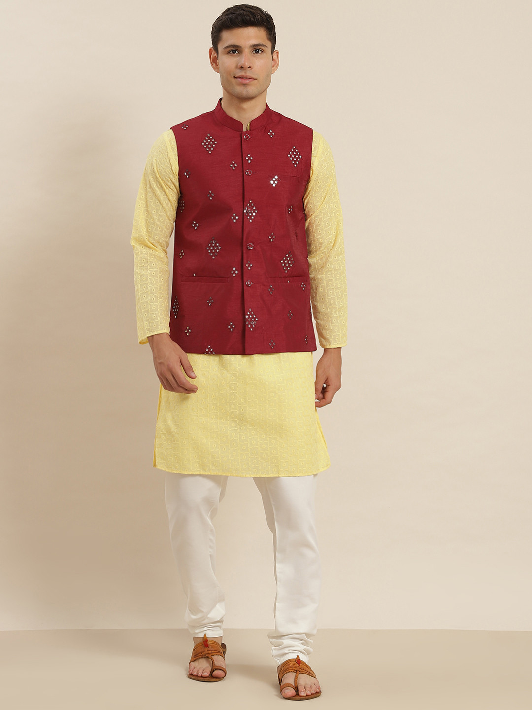 SOJANYA Men Beige Floral Pure Cotton Kurta with Pyjamas & Nehru Jacket
