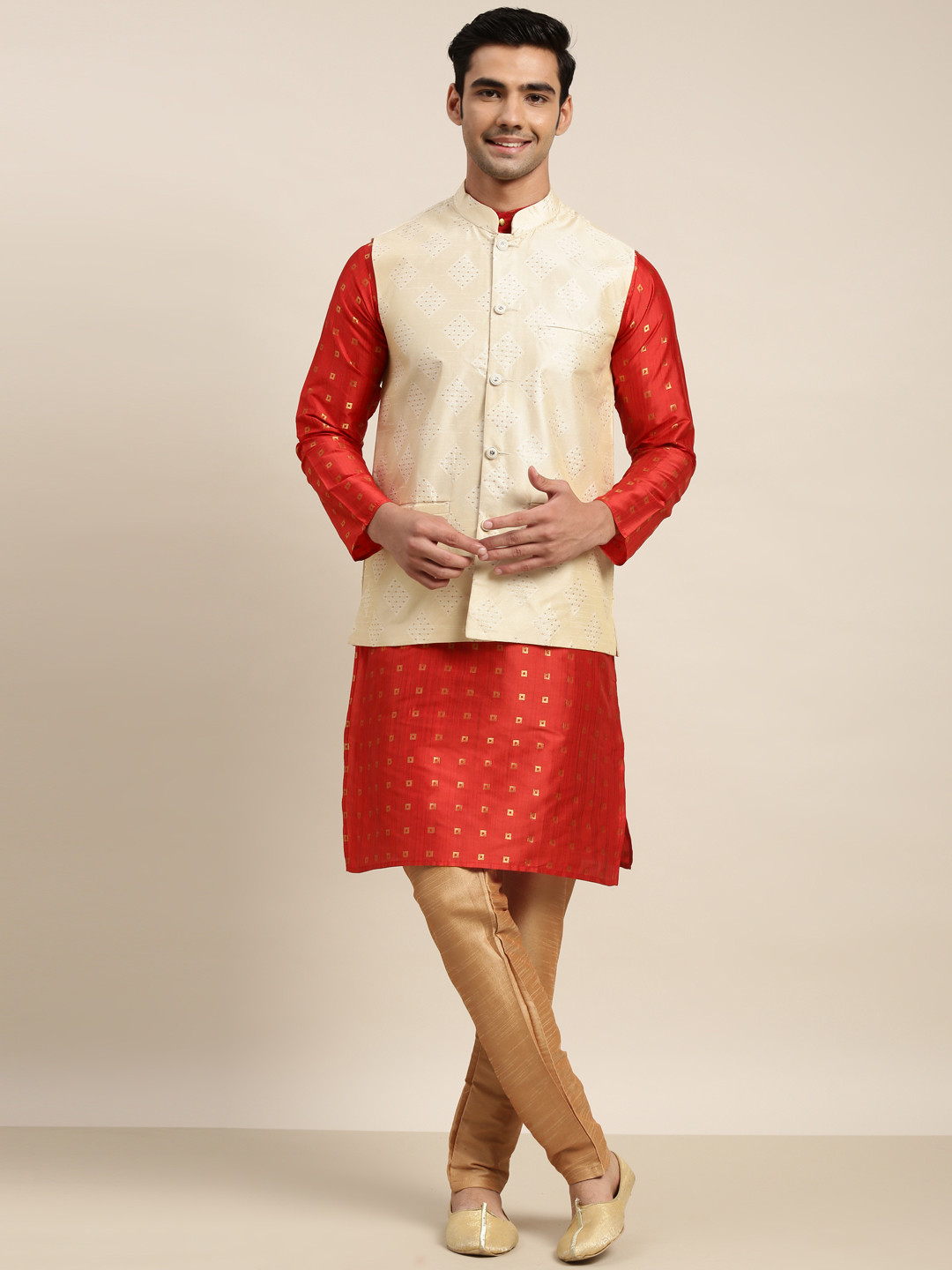 SOJANYA Men Maroon Woven Design Kurta with Pyjama & Nehru Jacket