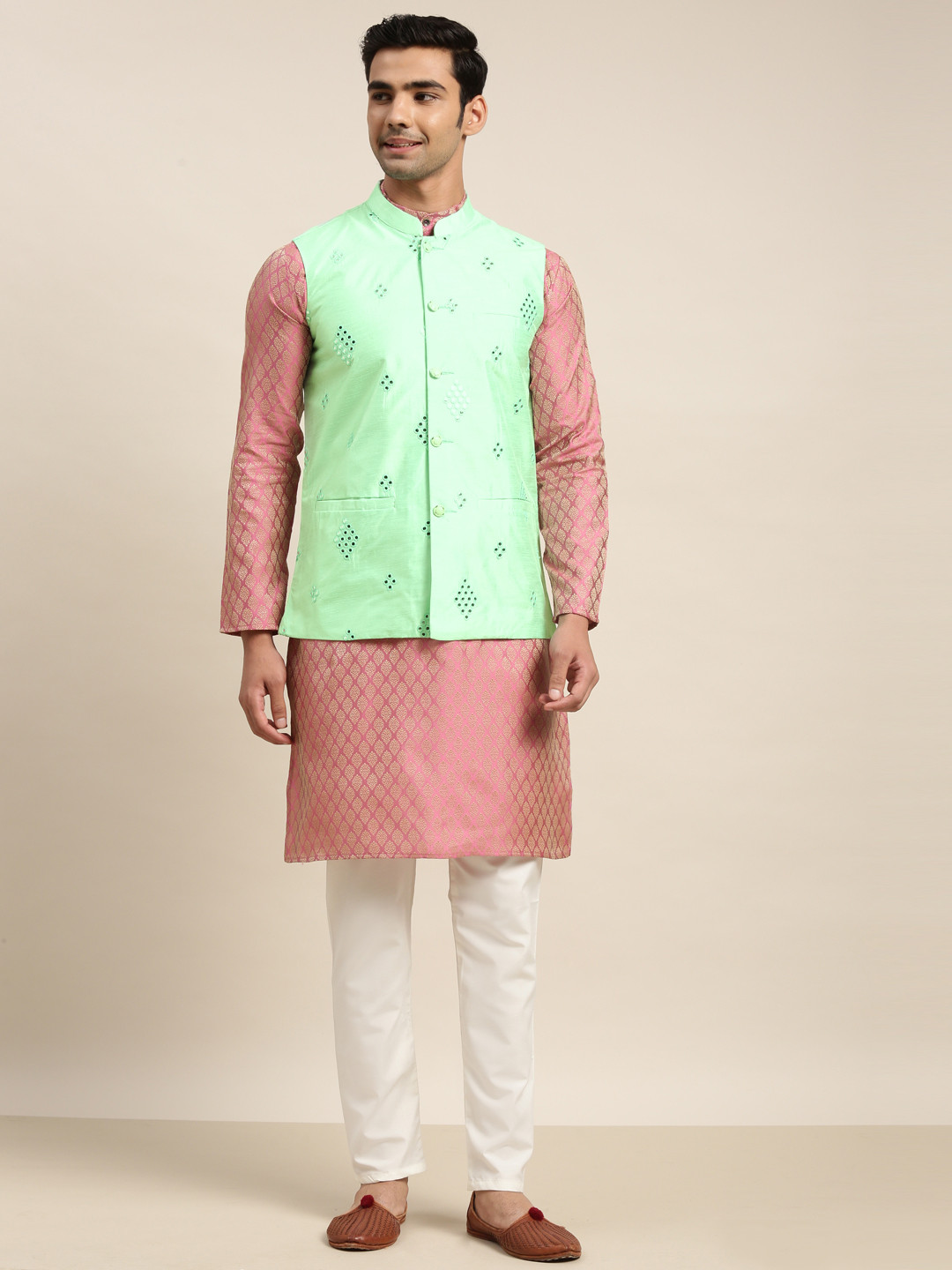 SOJANYA Men Pink Ethnic Motifs Embroidered Mirror Work Kurta with Churidar & Nehru Jacket