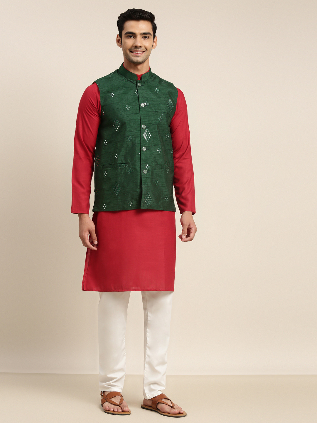 SOJANYA Men Red Mirror Work Pure Cotton Kurta with Pyjamas & Nehru Jacket