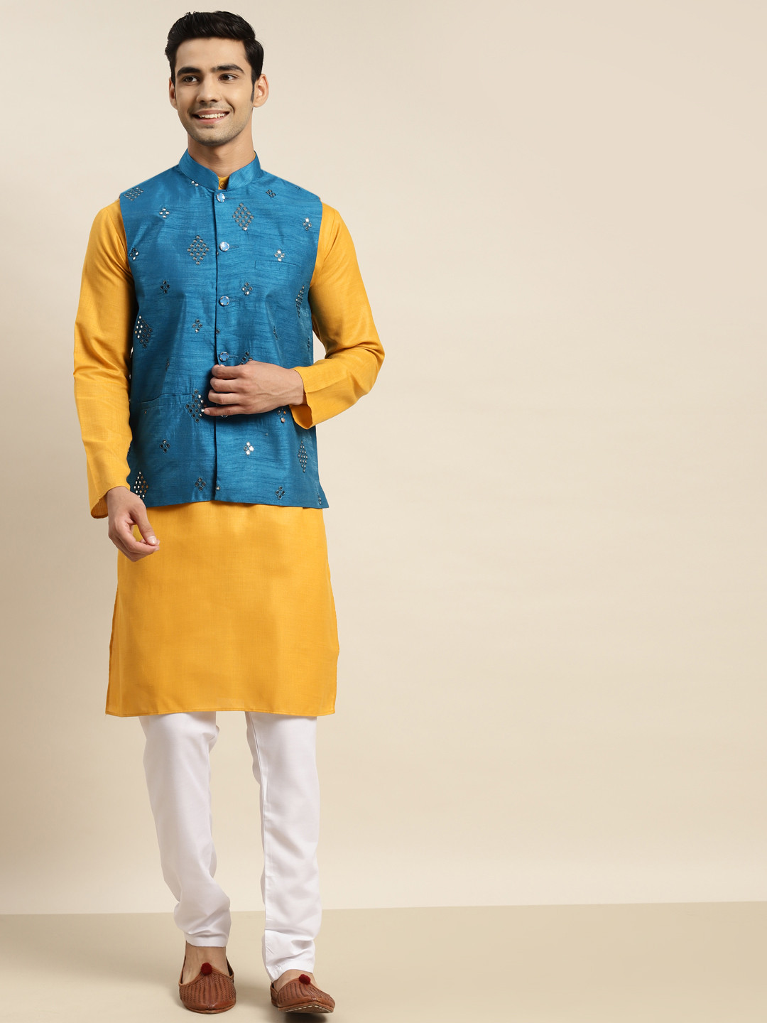 SOJANYA Men Mustard Yellow Mirror Work Pure Cotton Kurta with Churidar & Nehru Jacket