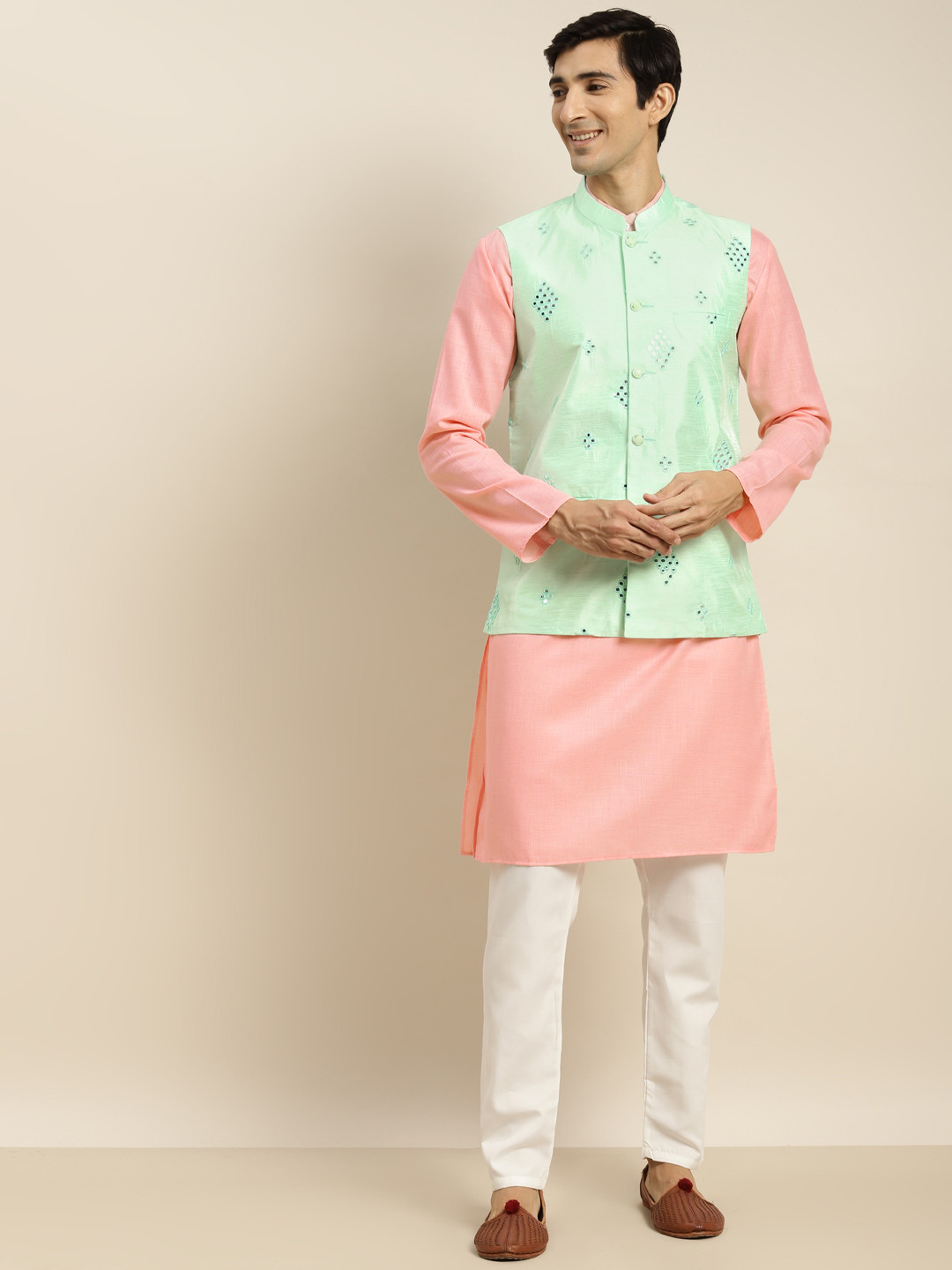 SOJANYA Men Pink Mirror Work Pure Cotton Kurta with Churidar & Nehru Jacket