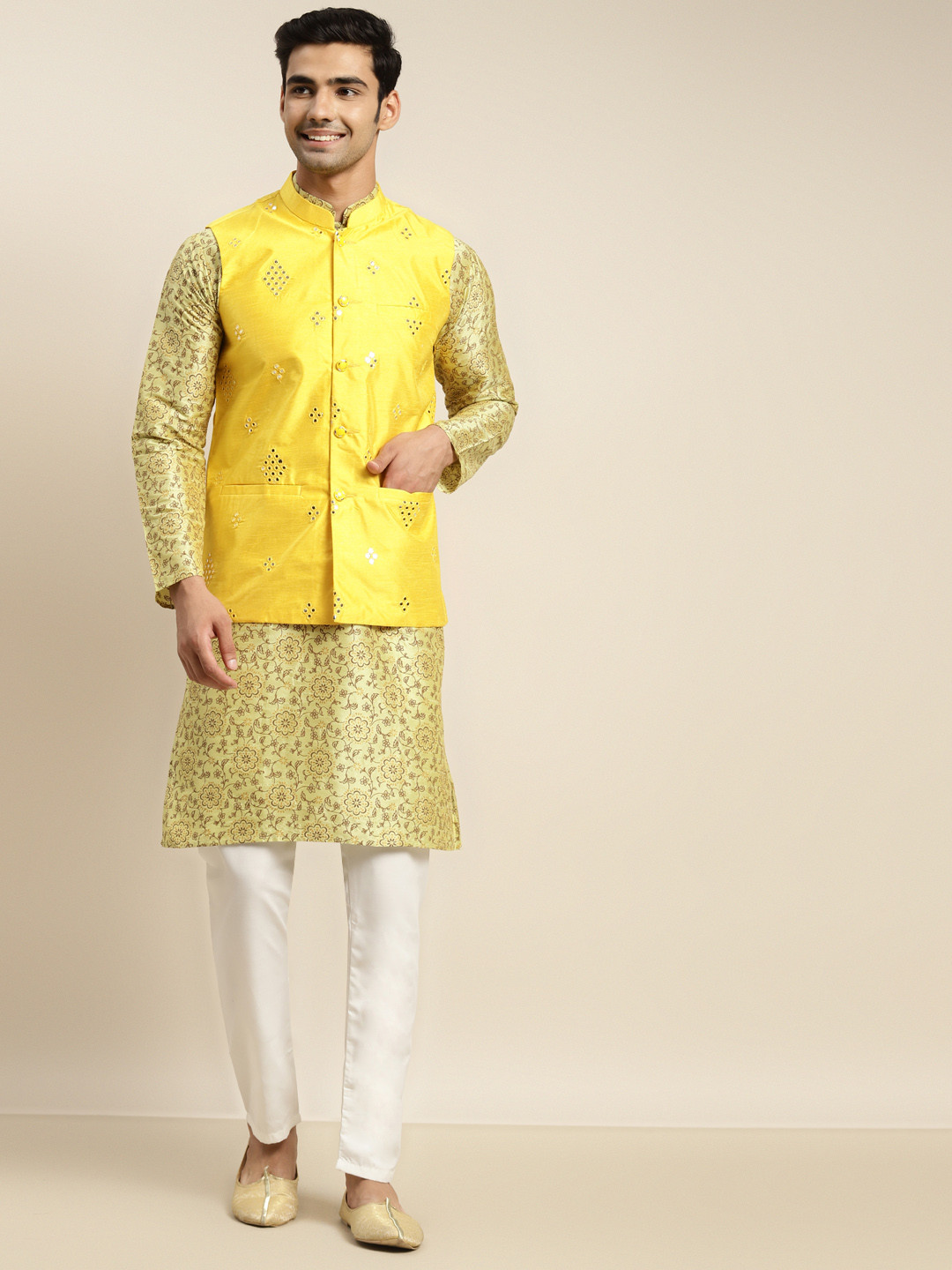 SOJANYA Men Lime Green Ethnic Motifs Printed Kurta & Churidar Comes with a Nehru Jacket
