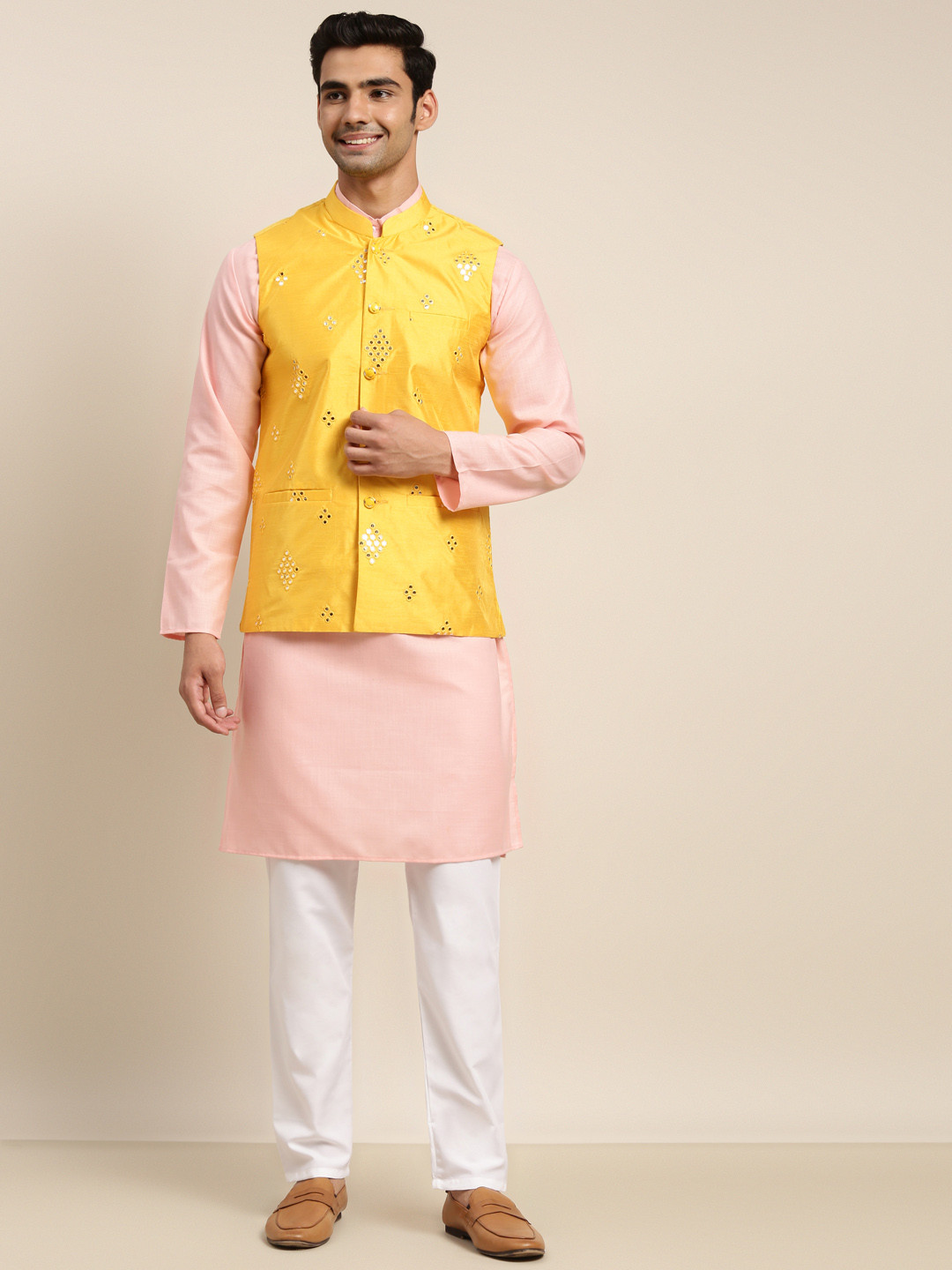 SOJANYA Men Pink Mirror Work Pure Cotton Kurta with Pyjamas & Nehru Jacket
