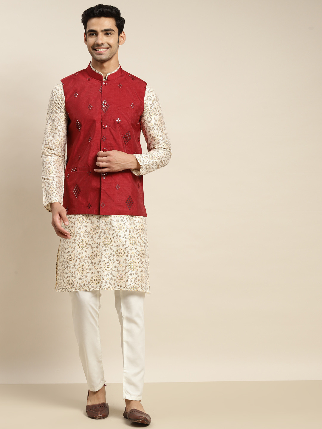 SOJANYA Men Cream-Coloured Ethnic Printed Kurta & Churidar Comes with a Nehru Jacket