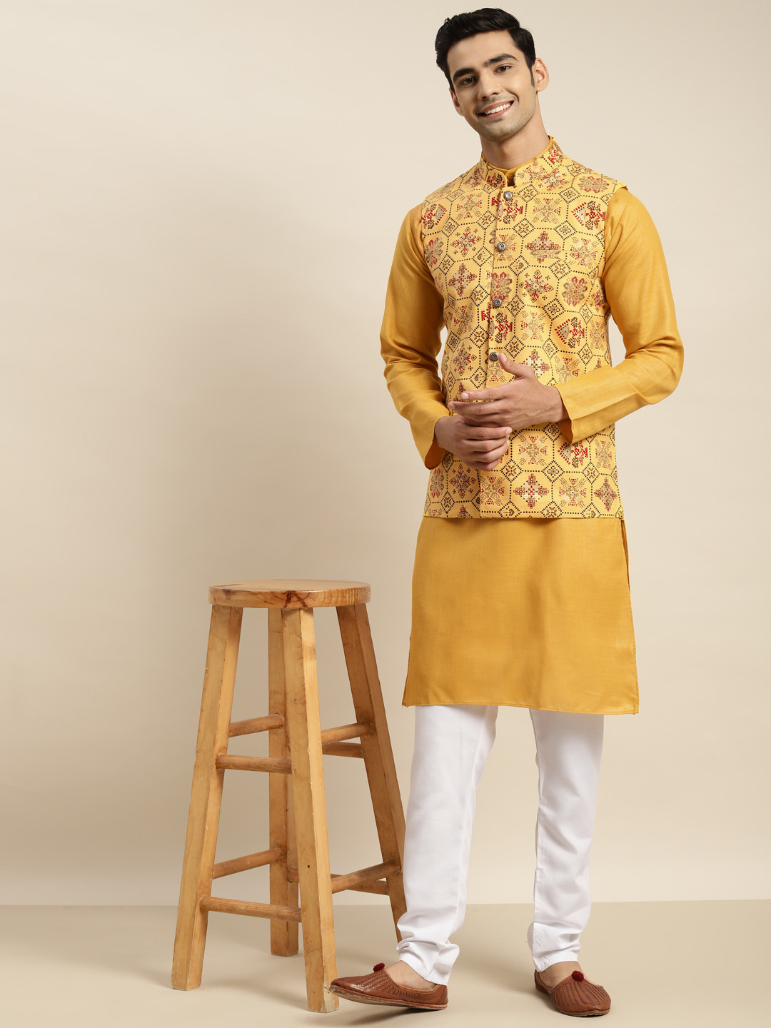 SOJANYA Men Mustard Yellow Pure Cotton Kurta with Churidar & Nehru Jacket