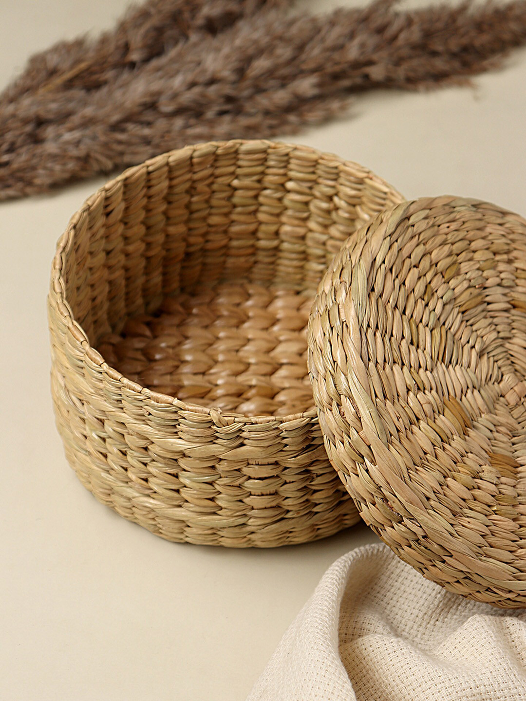 HABERE INDIA Beige Solid Seagrass Storage Basket