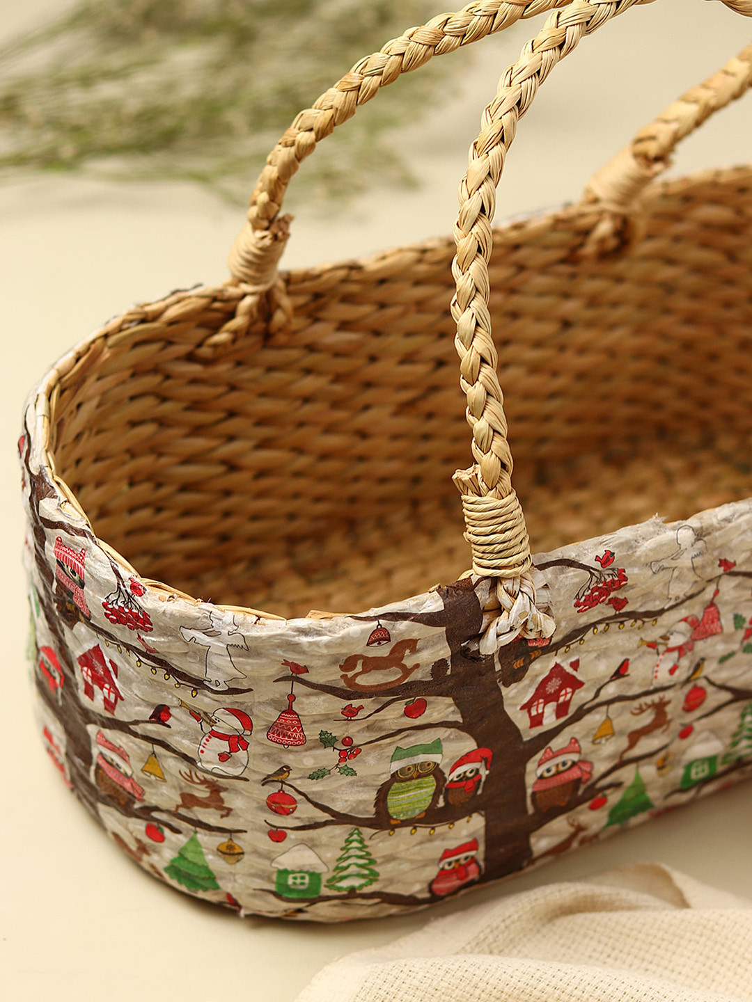 HABERE INDIA Beige Printed Handcrafted Straw Storage Basket