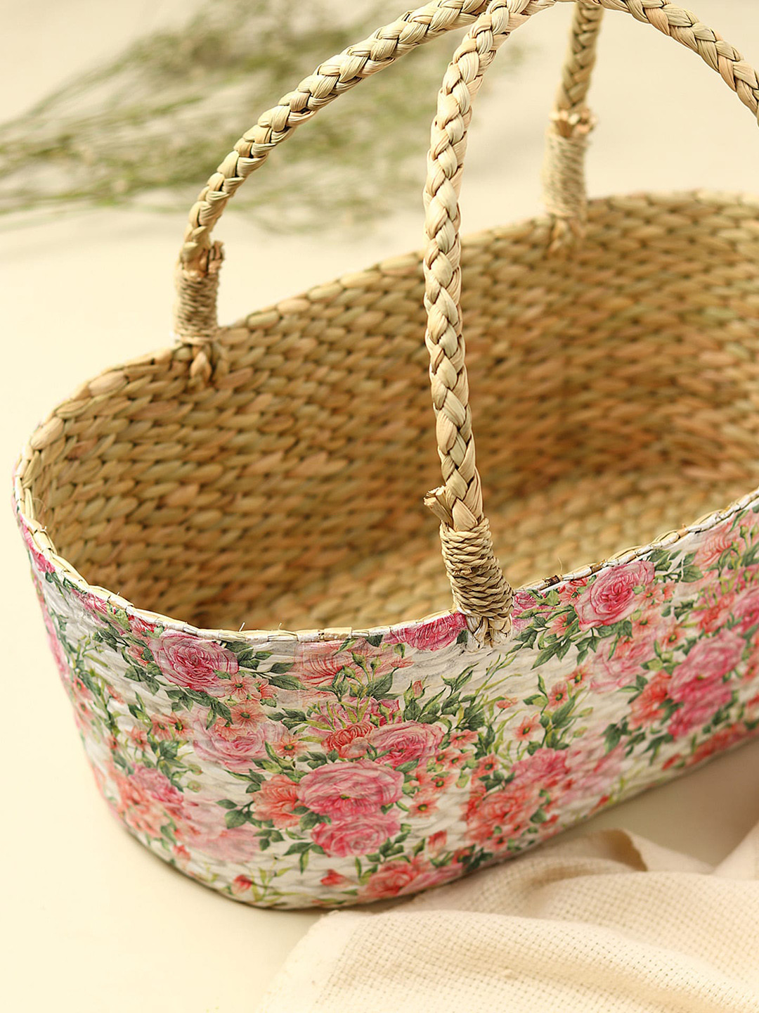 HABERE INDIA White & Pink Floral Design Straw Storage Basket
