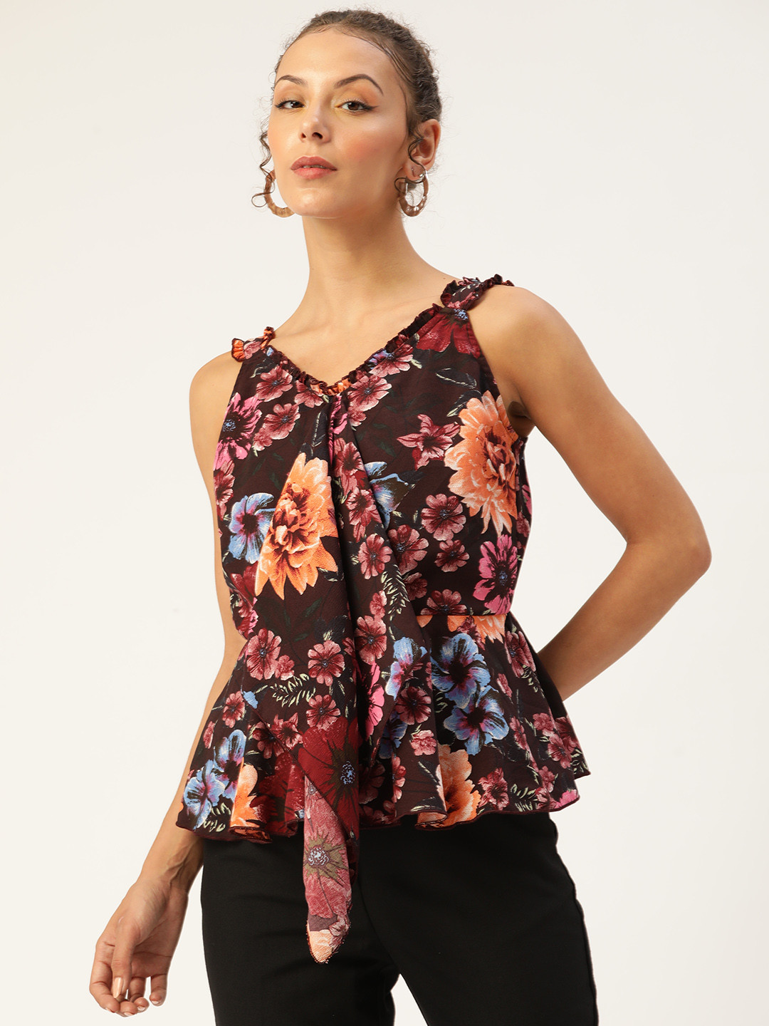 Antheaa Rust & Peach-Coloured Floral Print Ruffles Peplum Top