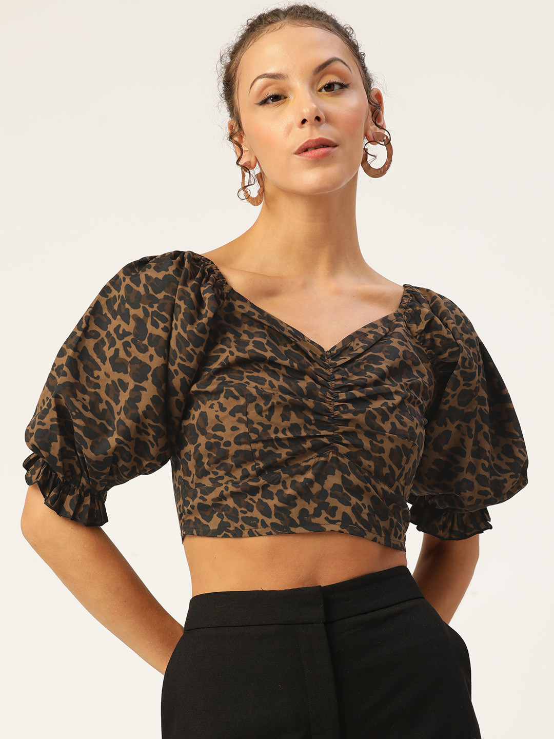 Antheaa Black & Olive Green Animal Print Crop Top