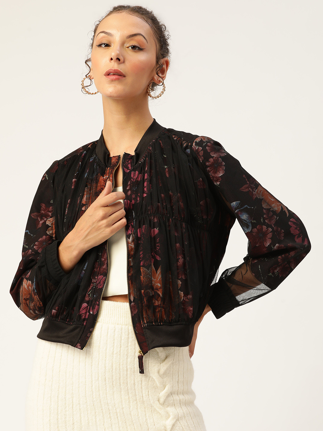 Antheaa Women Black & Pink Floral Print Net Bomber Jacket