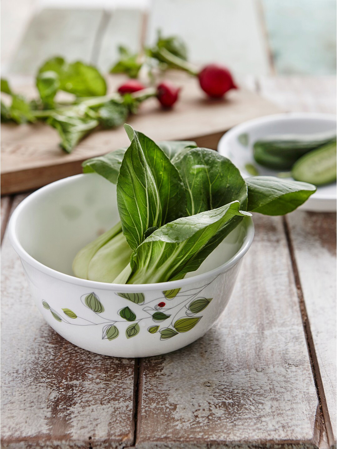 Corelle Asia Collection White & Green Set Of 6 Vitrelle Glass Glossy Breeze Katori 177Ml