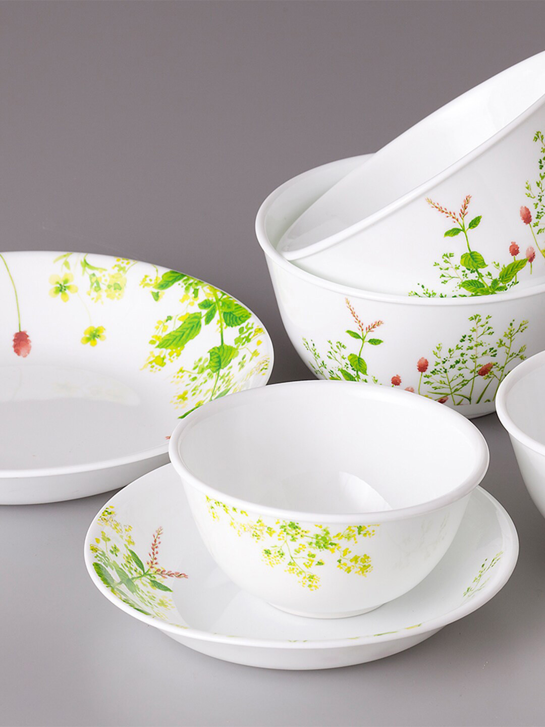 Corelle Asia Set Of 6 White & Green Floral Printed Glossy Bowls