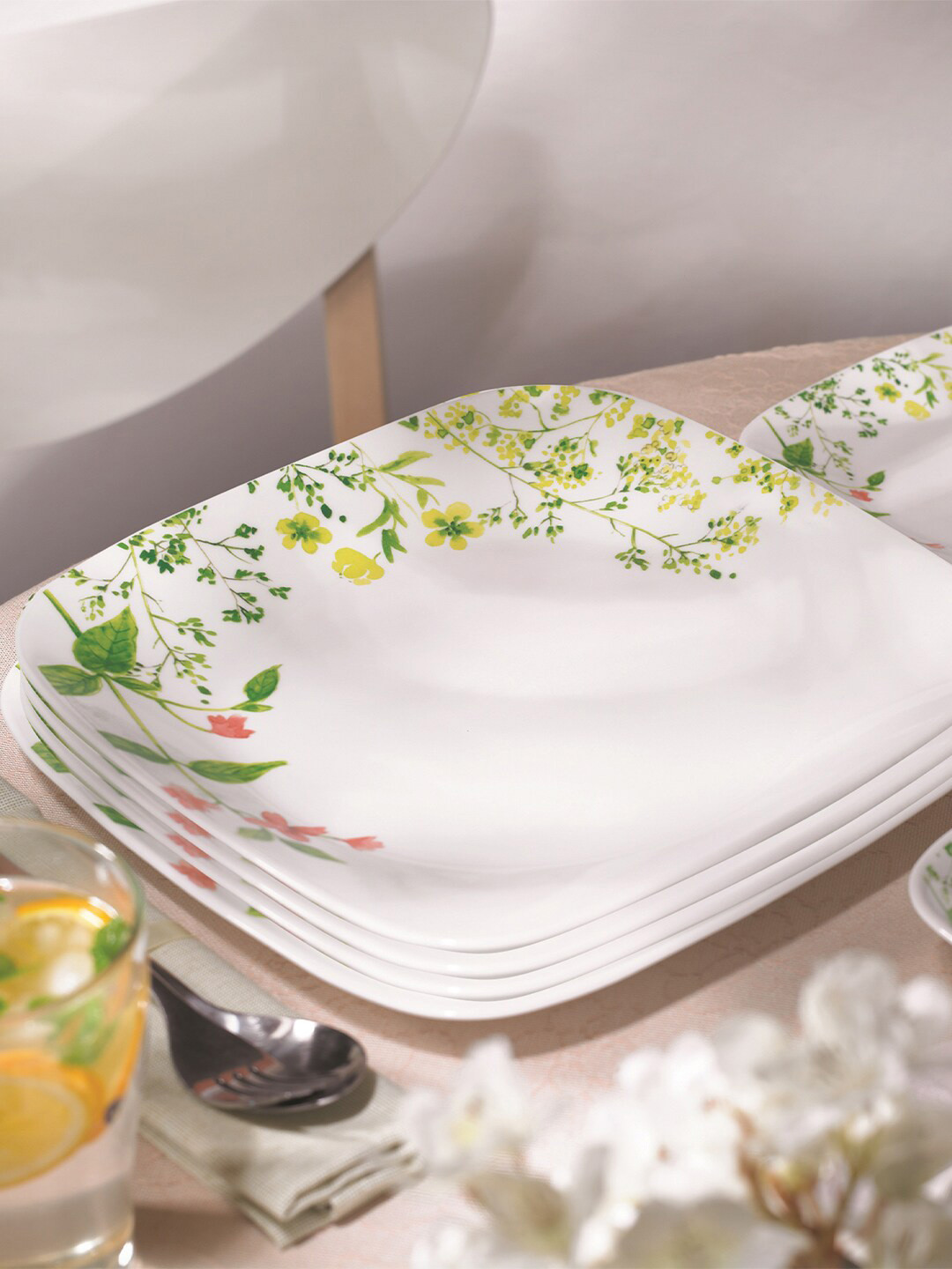 Corelle Asia Square Round White & Orange Set Of 6 Floral Printed Glossy Plates