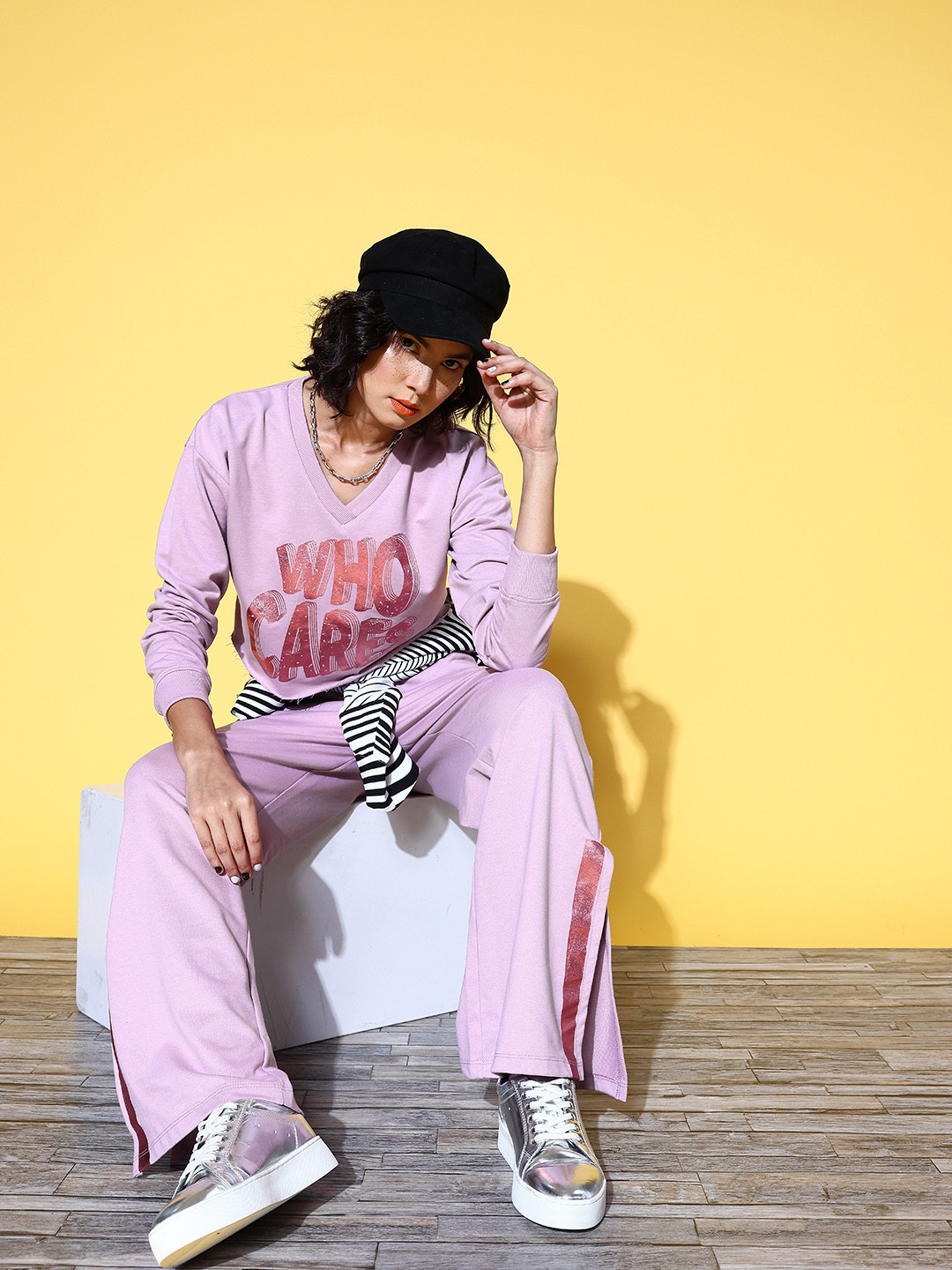 SASSAFRAS Women Lavender Typography Seriously Silly Sweatshirt