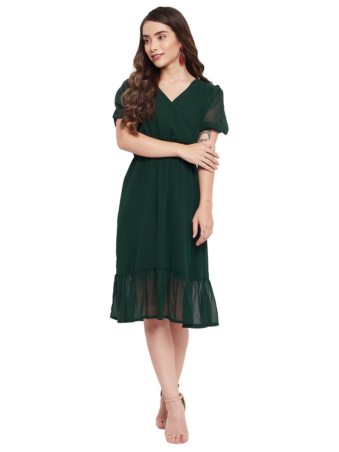 Color Cocktail Women Bottle Green Solid Georgette A-Line Midi Dress