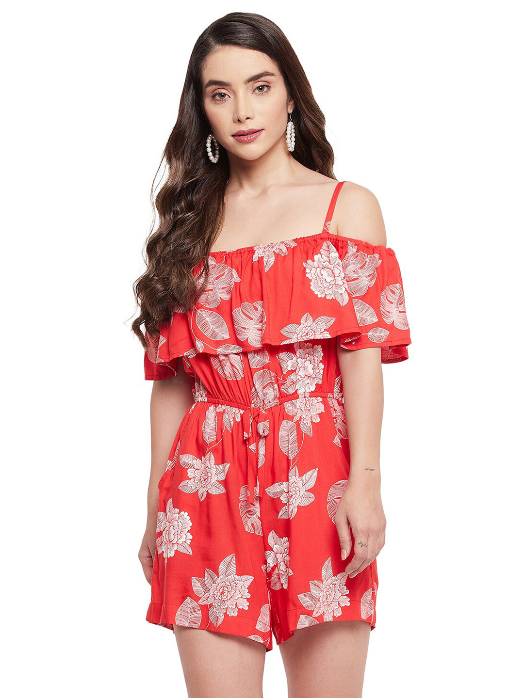 Color Cocktail Red & White Printed Floral Off Shoulder Jumpsuit