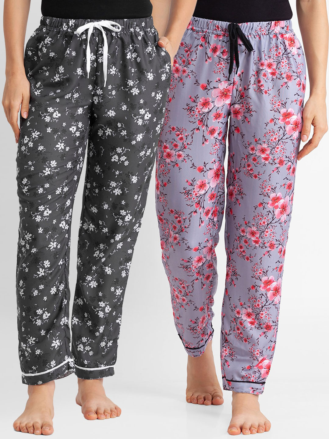 FashionRack Women Set of 2 Grey And Charcoal Floral Printed Cotton Lounge Pant Pajamas