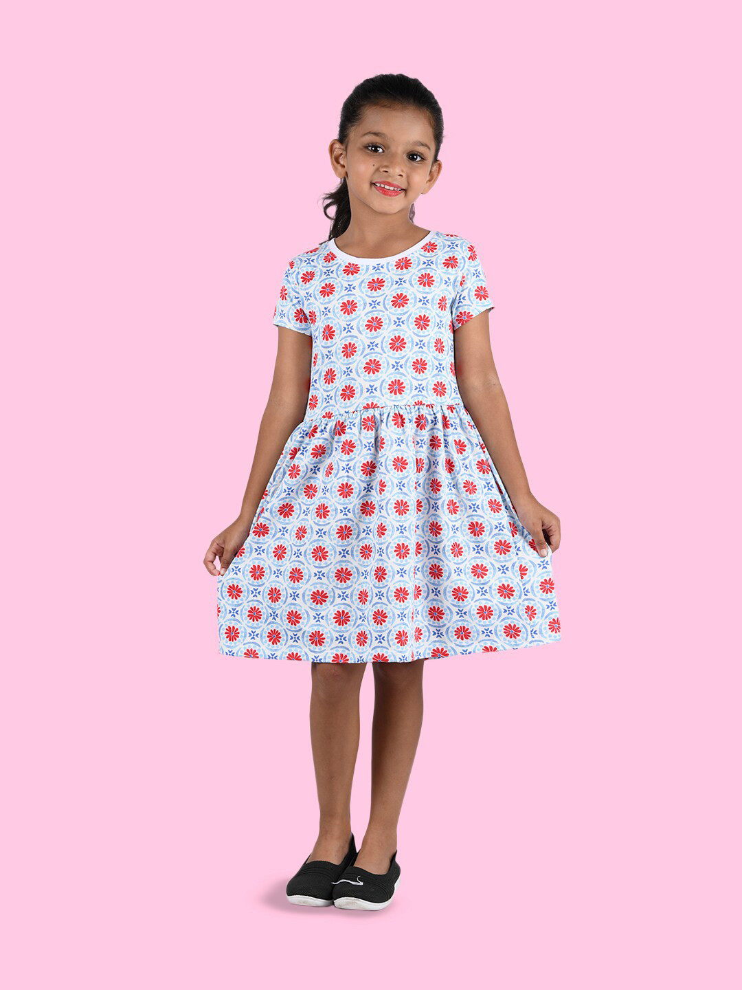 Zalio Girls Blue & White Floral Cotton Round Neck Dress