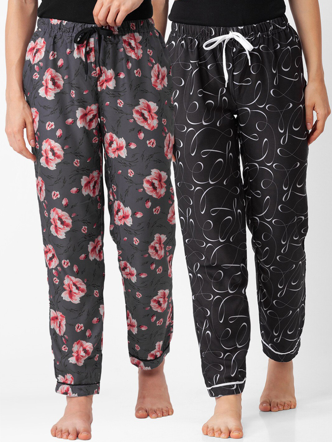 FashionRack Women Set of 2 Charcoal & Black Printed Cotton Pajamas