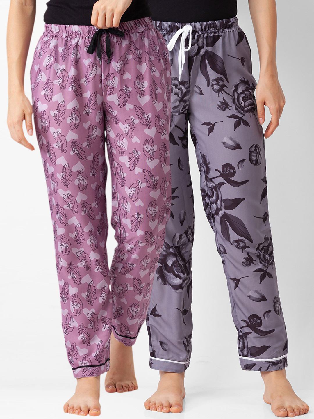 FashionRack Pack of 2 Women Purple & Grey Printed Lounge Pants