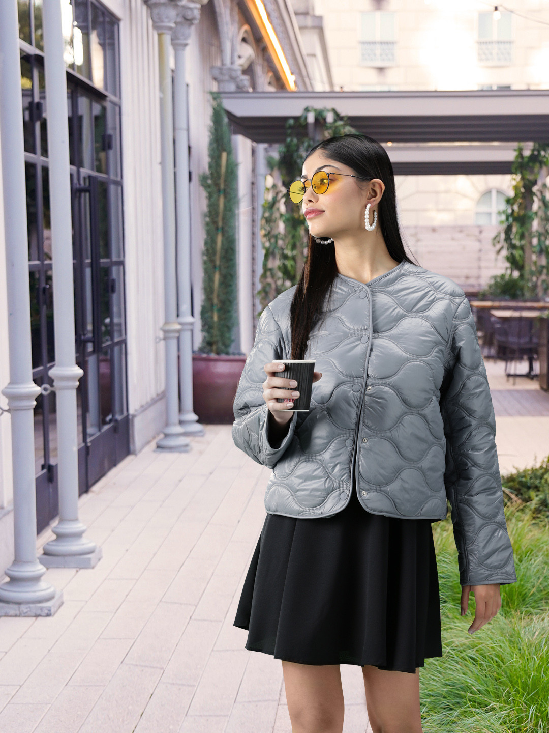 MANGO Women Grey Geometric Quilted Jacket