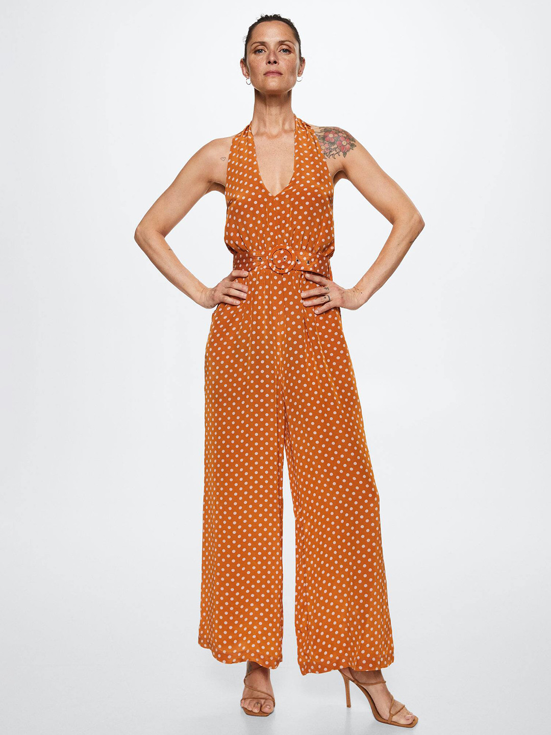 MANGO Orange & White Halter Neck Printed Basic Jumpsuit Comes with a Belt