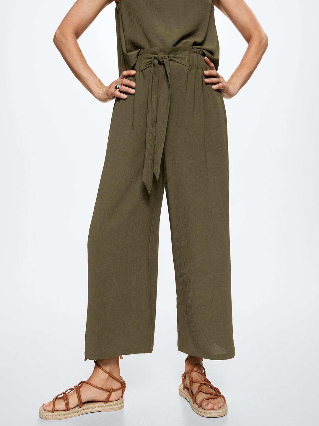 MANGO Women Olive Green Parallel Trousers