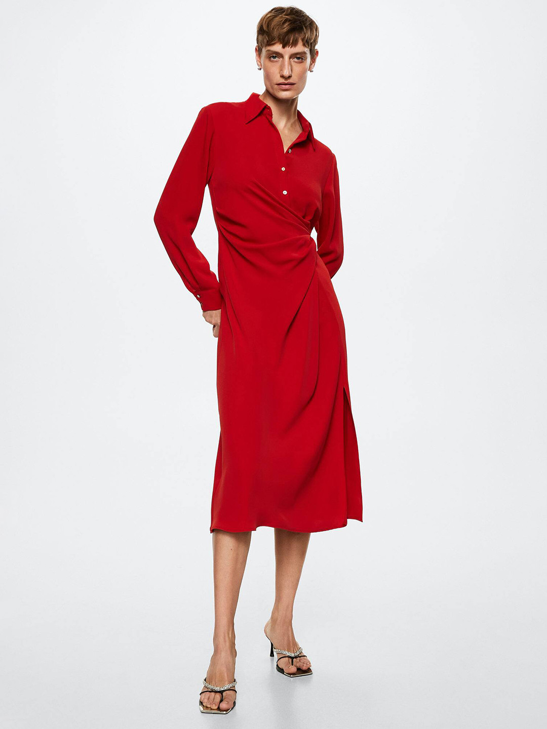 MANGO Red Solid Shirt Midi Sustainable Dress