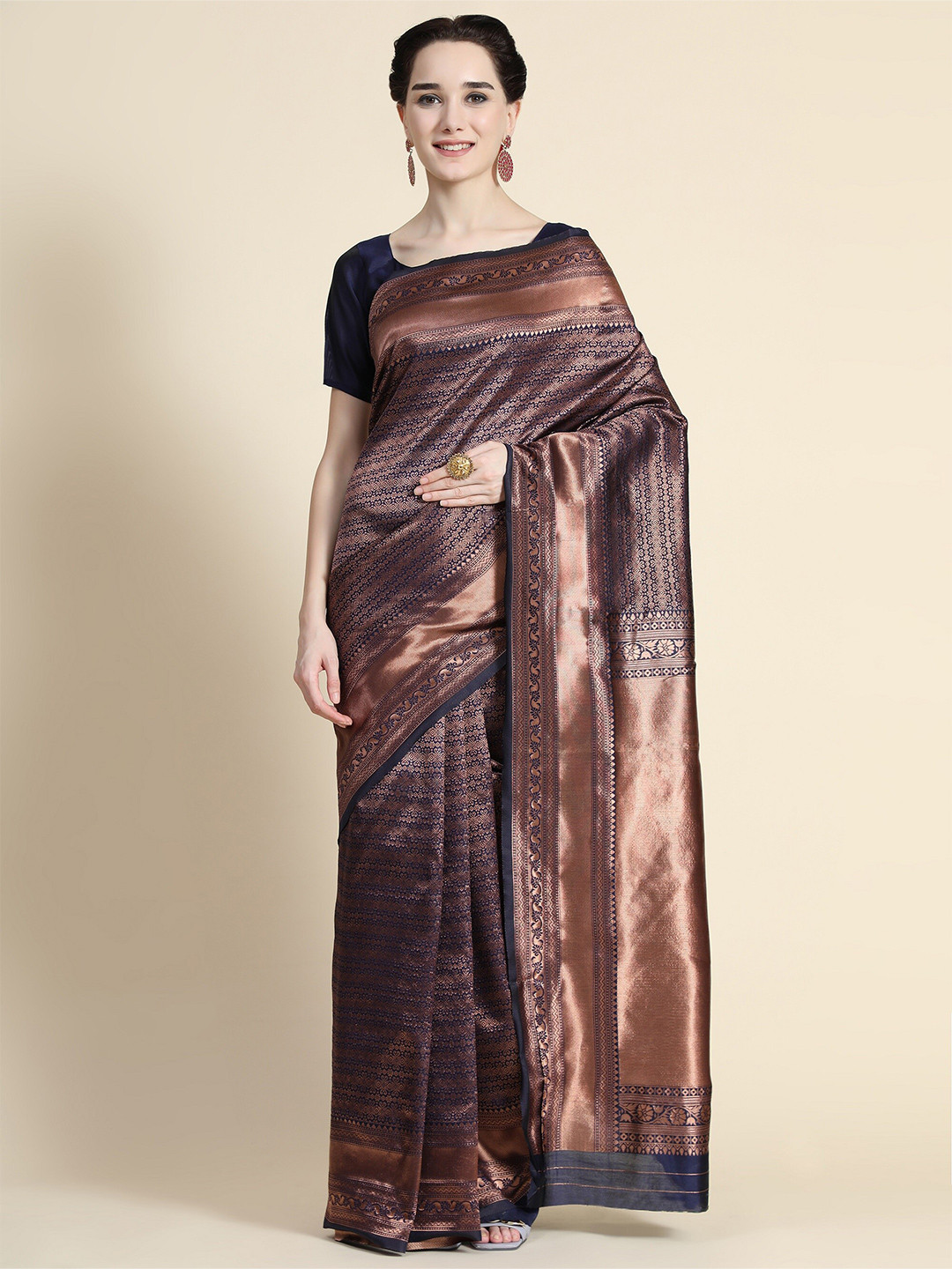 AVANTIKA FASHION Blue & Bronze-Toned Woven Design Zari Kanjeevaram Saree