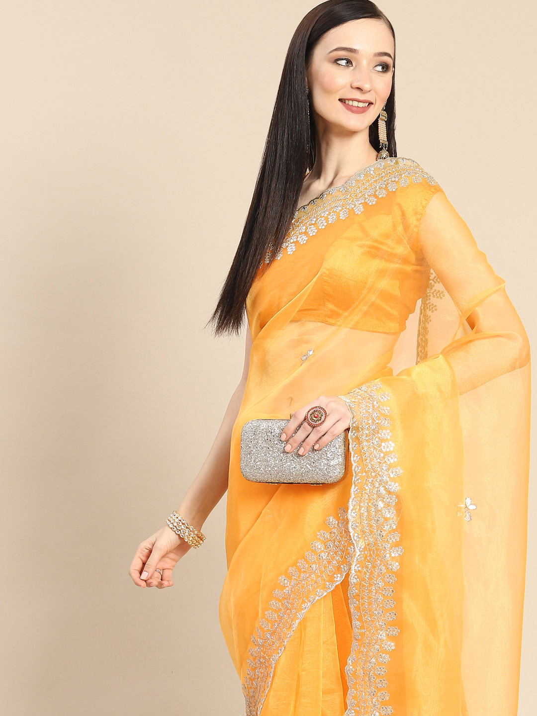 Anouk Mustard & Silver-Coloured Organza Saree With Embroidered Border