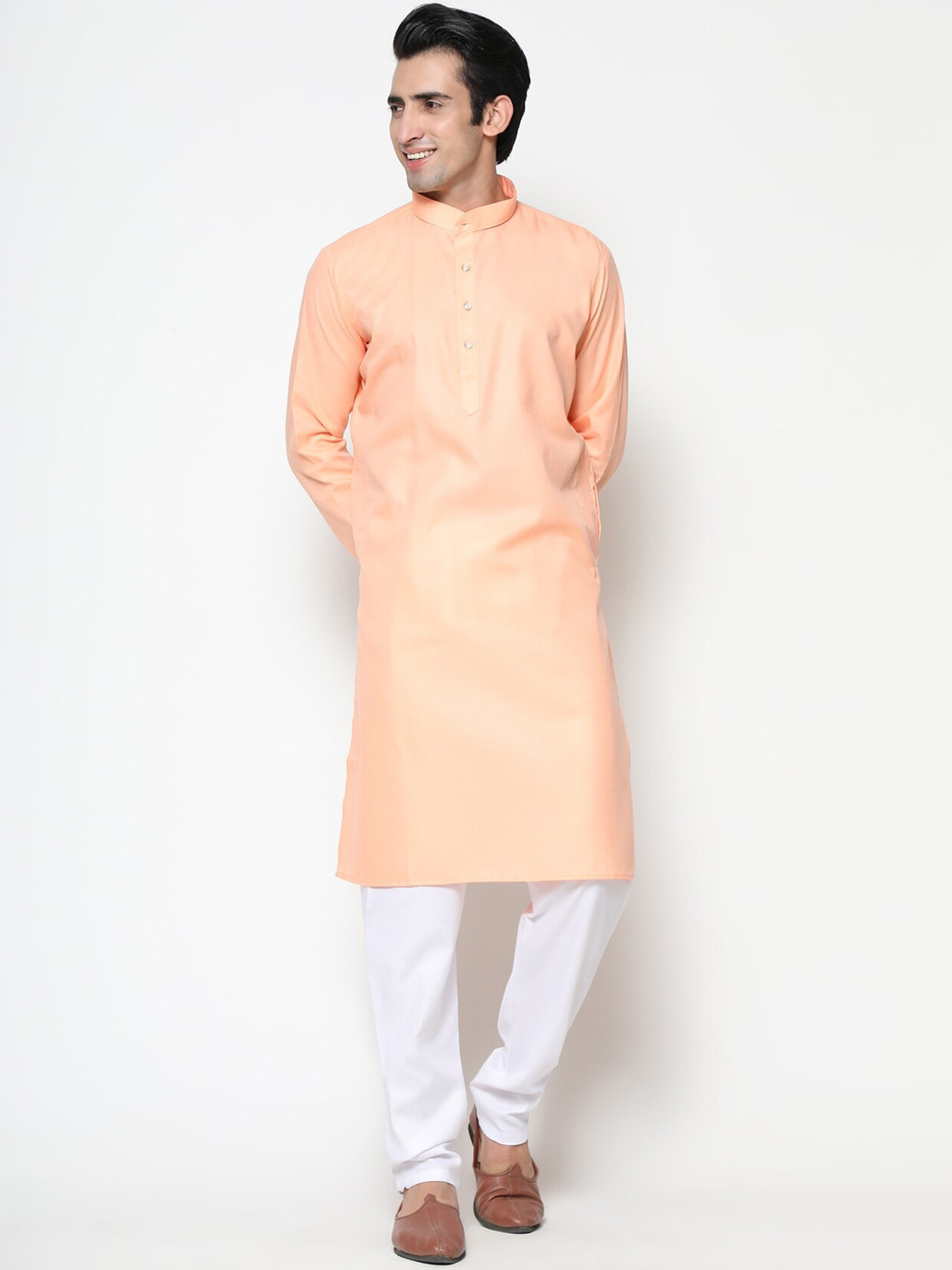 COCOI LIFESTYLE Men Peach-Coloured Dupion Silk Kurta with Pyjama
