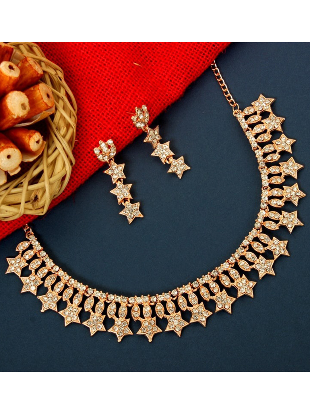 Atasi International Rose Gold-Plated Crystal Studded Choker Jewellery Set