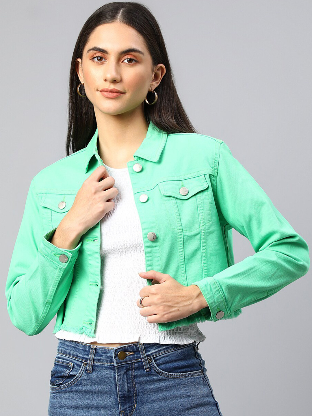 Xpose Women Green Washed Lightweight Crop Denim Jacket with Embroidered