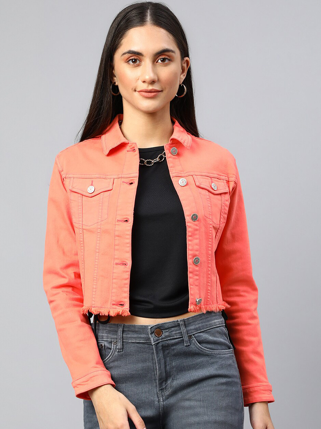 Xpose Women Pink Washed Lightweight Pure Cotton Crop Denim Jacket