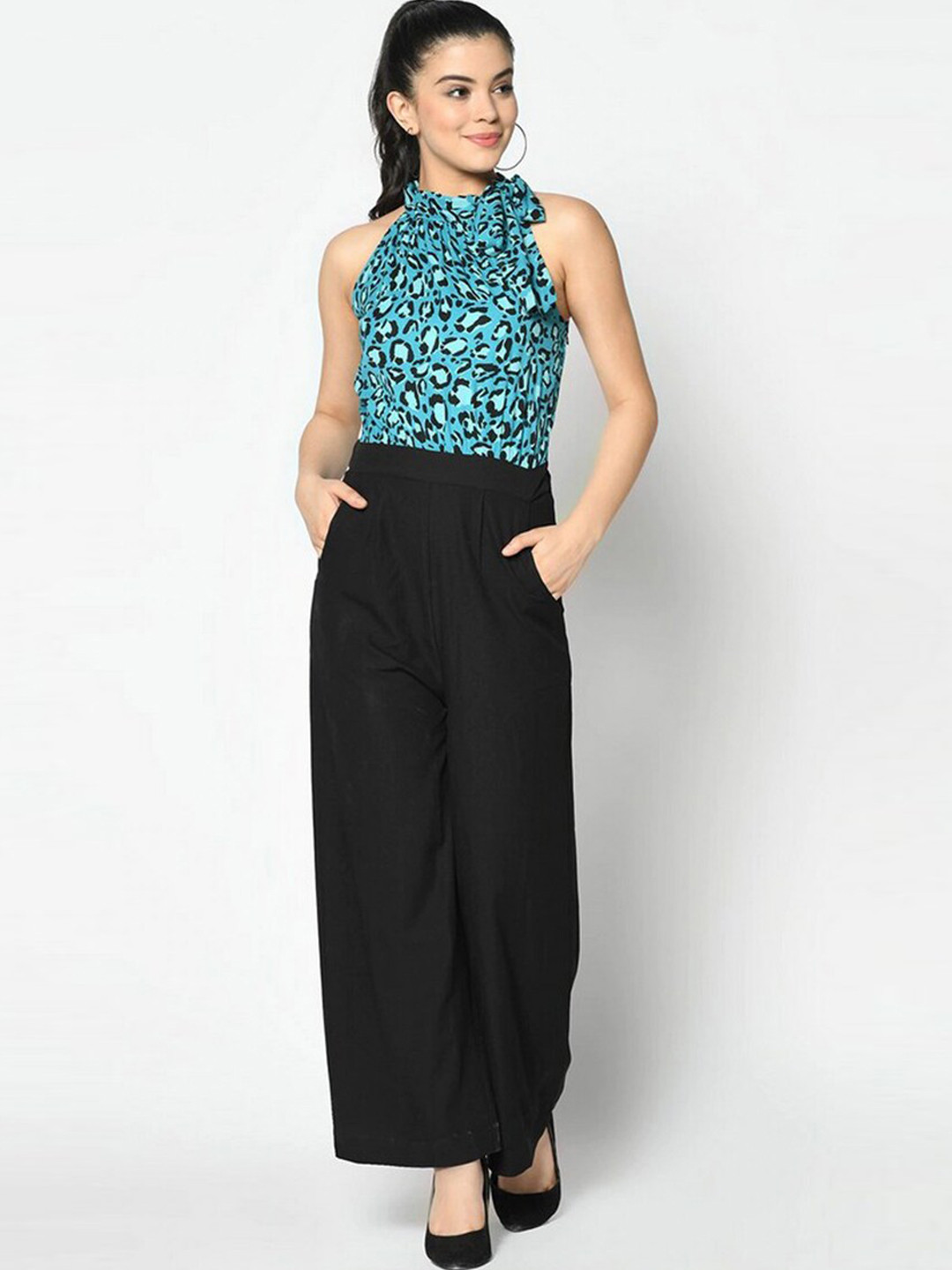 SQew Blue & Black Halter Neck Printed Basic Jumpsuit