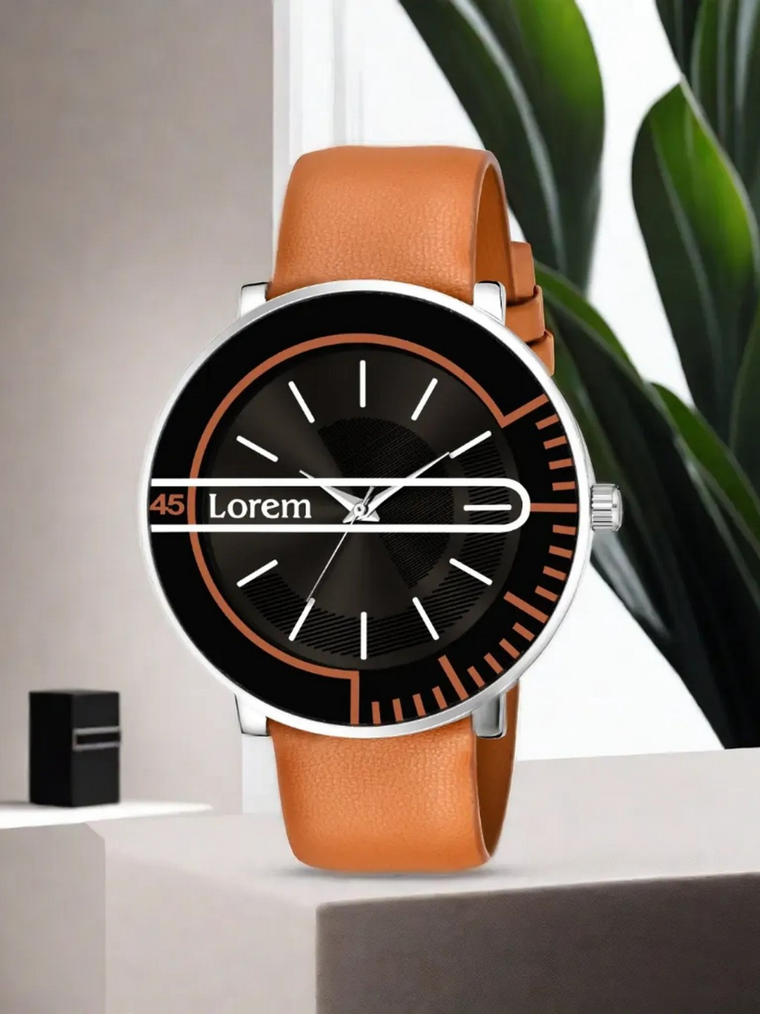 LOREM Men Black Brass Embellished Dial & Orange Leather Straps Analogue Watch