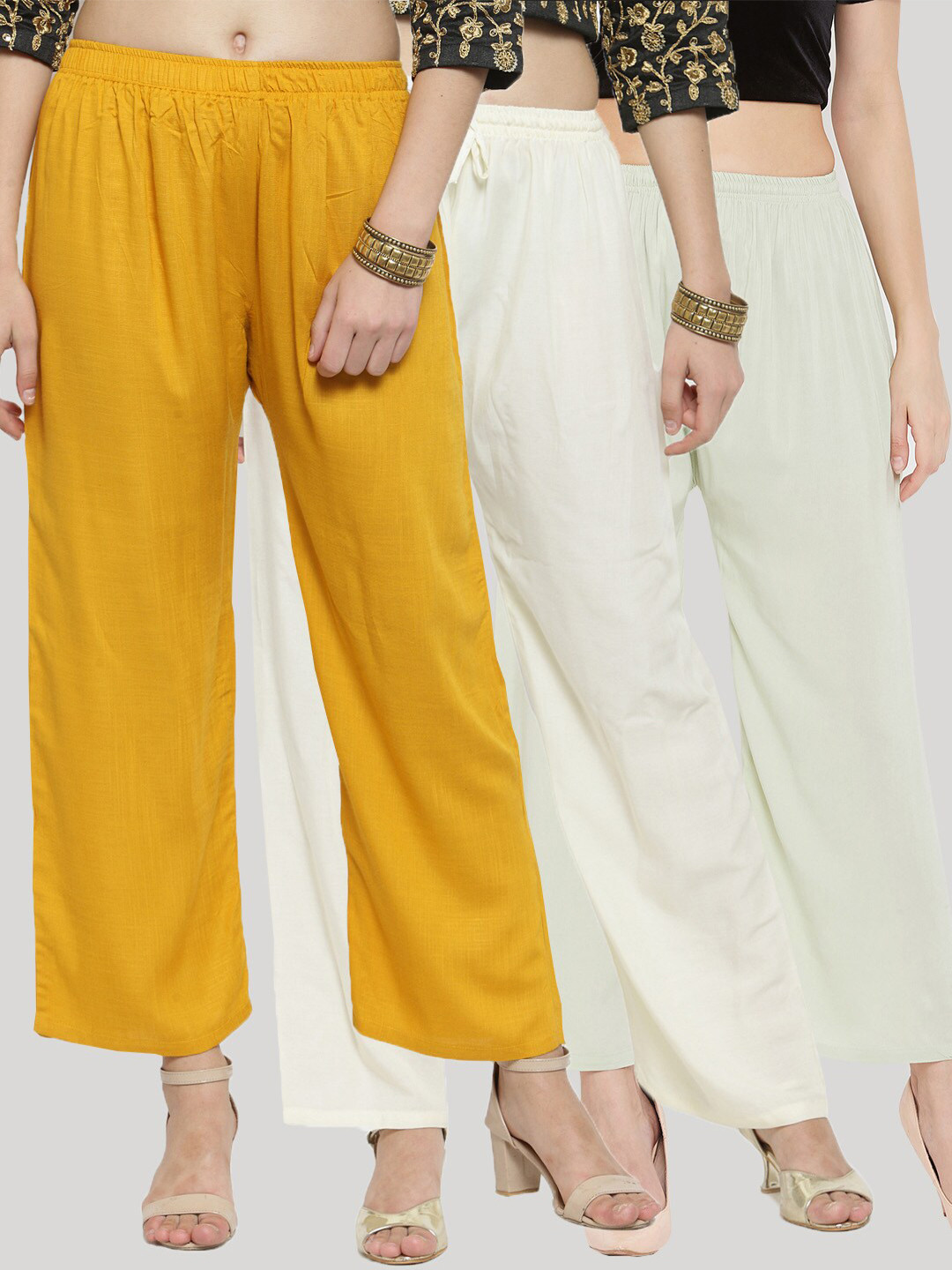 Clora Creation Pack Of 3 Women Yellow & Off White Knitted Viscose Rayon Ethnic Palazzos