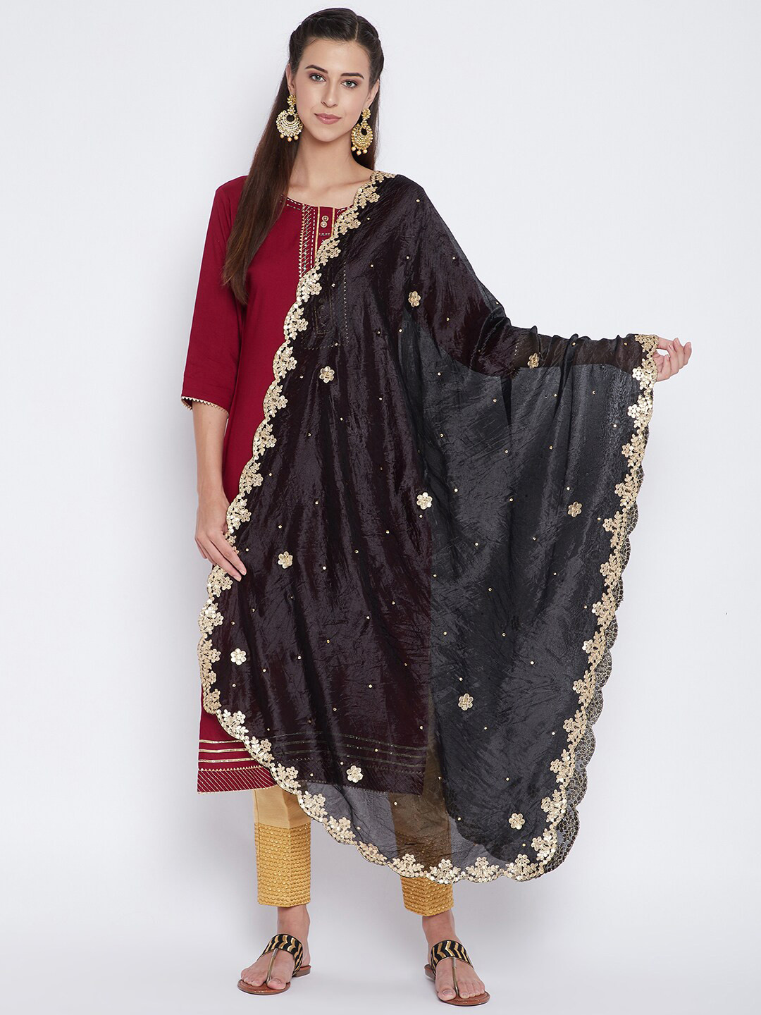 Clora Creation Women Black & Gold-Toned Embroidered Dupatta with Beads and Stones
