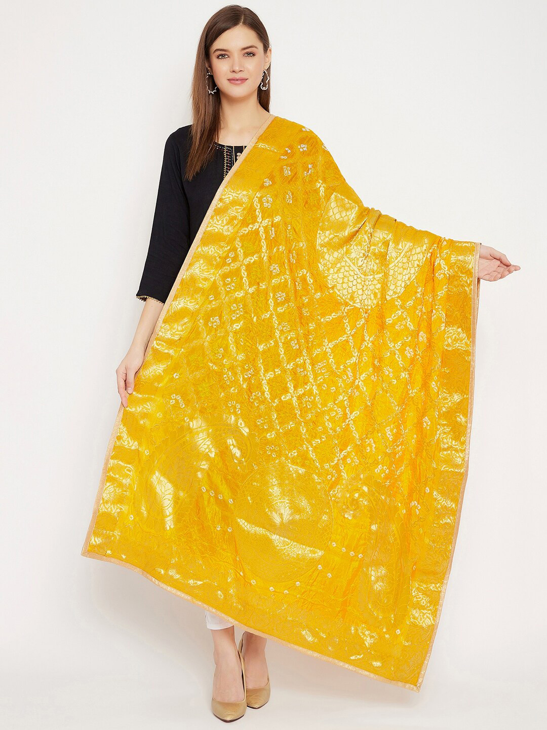 Clora Creation Yellow & Off White Woven Design Dupatta with Gotta Patti