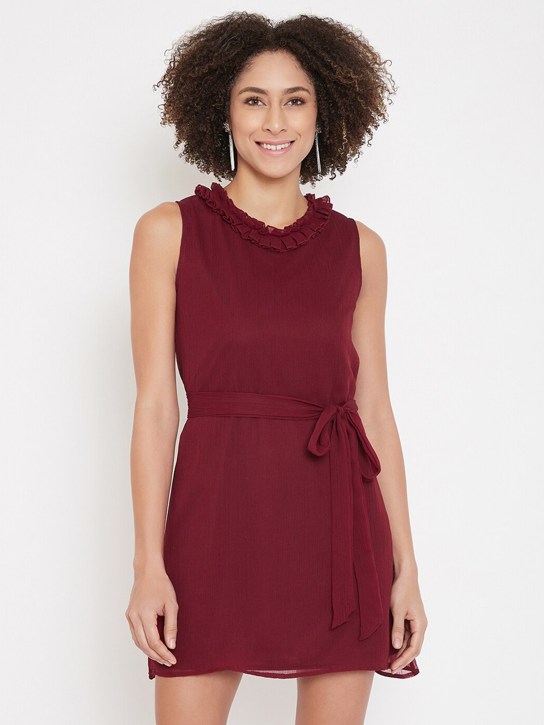 La Zoire Maroon Chiffon A-Line Mini Dress