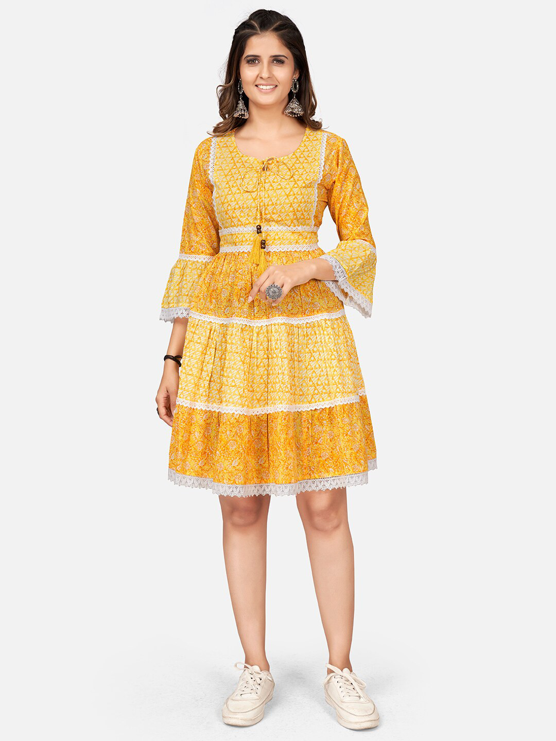 Vbuyz Yellow Lace Work Flared Cotton Dress