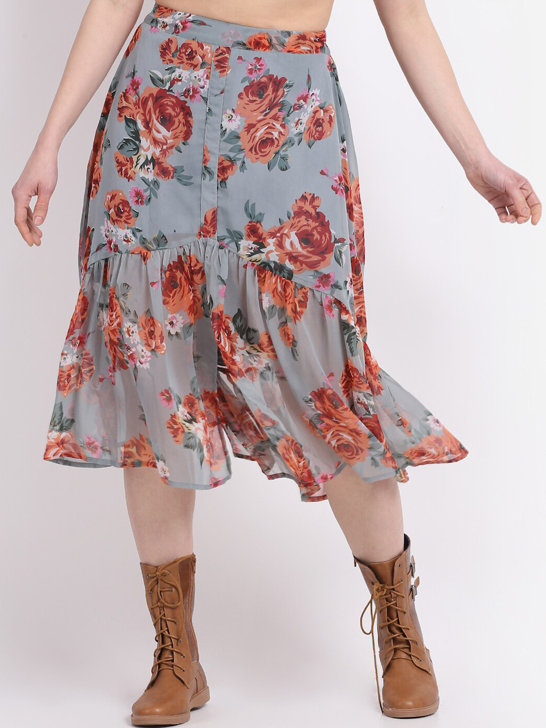 La Zoire Women Grey & Orange Floral Printed Midi Skirts