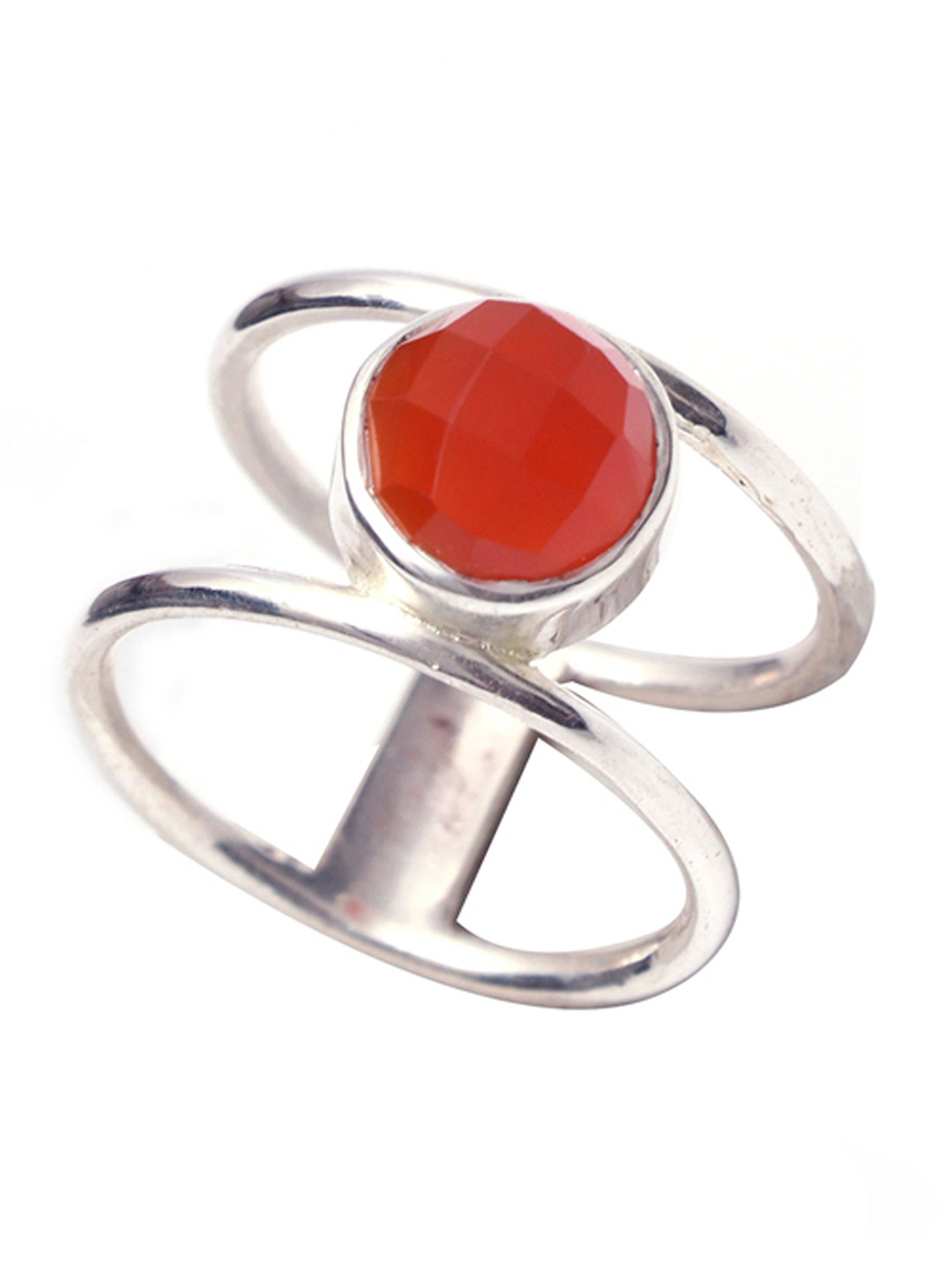 HIFLYER JEWELS 925 Sterling Silver Rhodium-Plated Red Onyx Stone-Studded Finger Ring