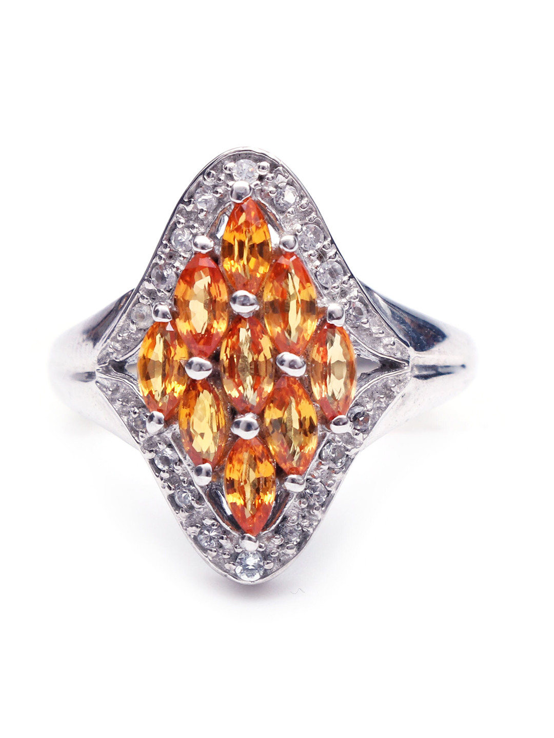 HIFLYER JEWELS Rhodium-Plated White Topaz & Yellow Gemstone Studded Finger Ring