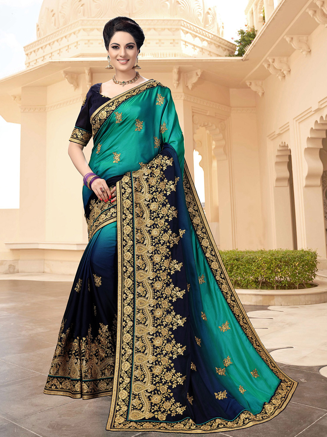 Trendmalls Blue & Green Floral Mysore Silk Saree