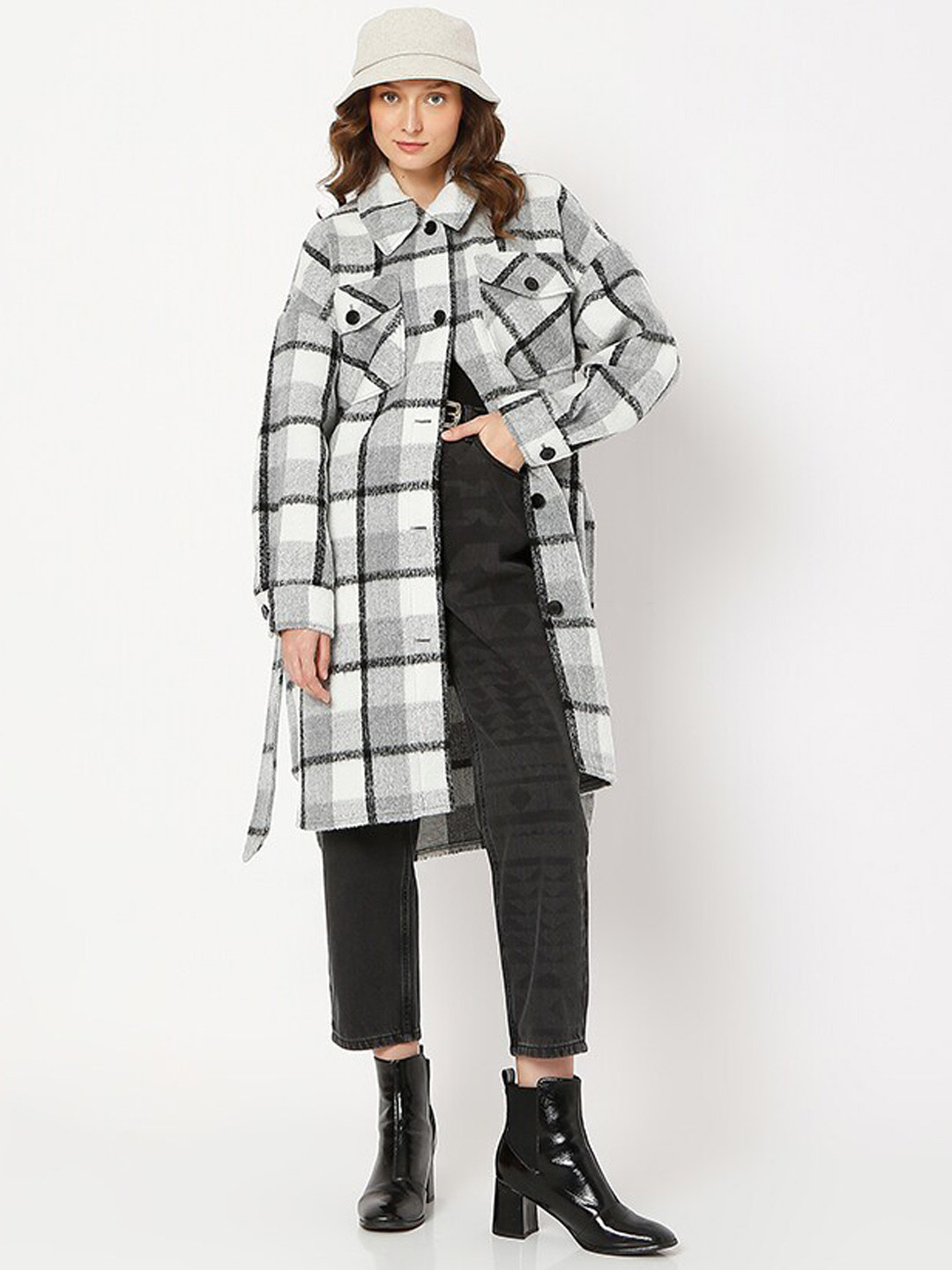 Vero Moda Women Grey Black & White Checked Overcoat