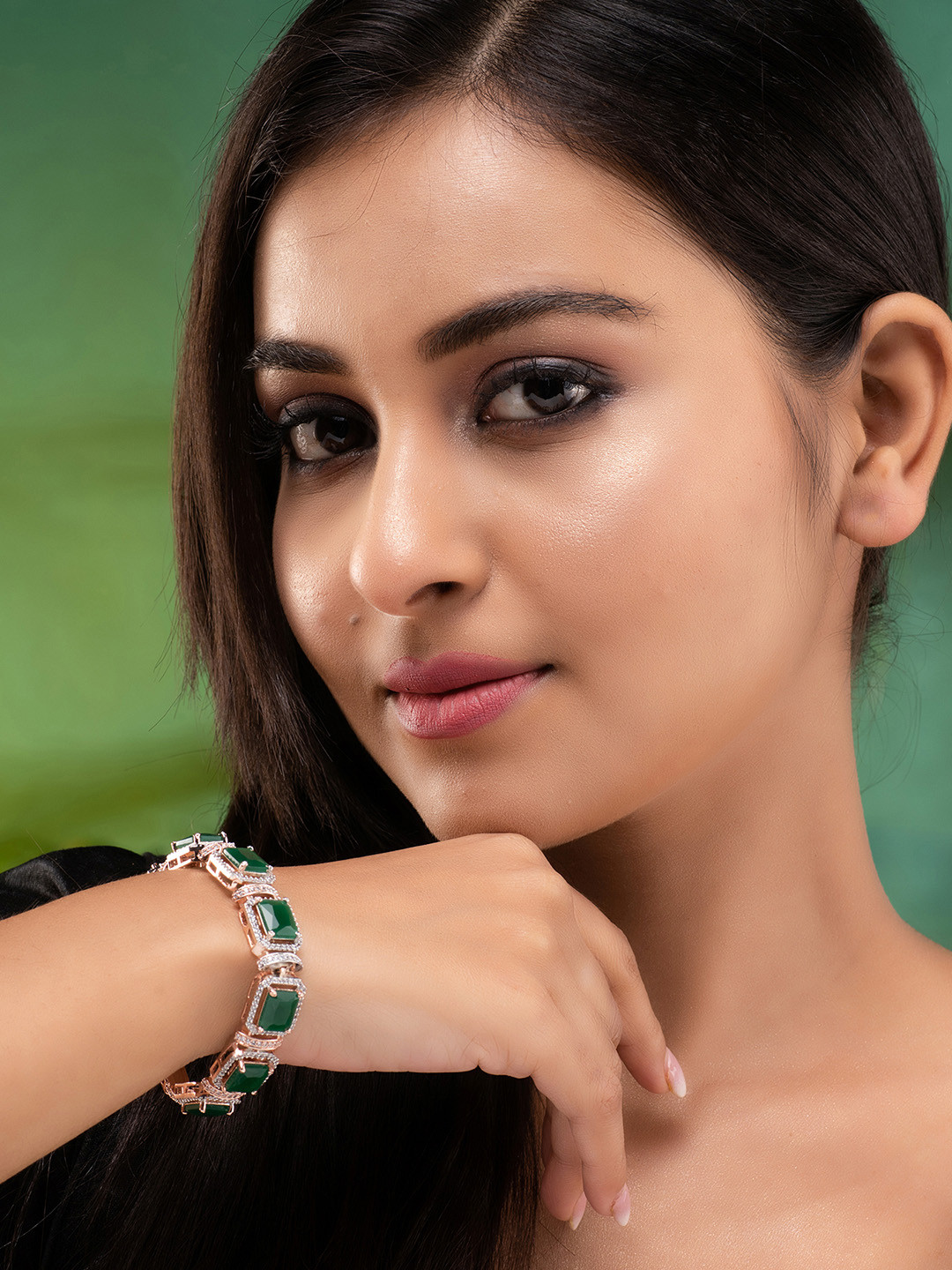 Saraf RS Jewellery Women Rose Gold & Green Brass American Diamond Handcrafted Rose Gold-Plated Link Bracelet