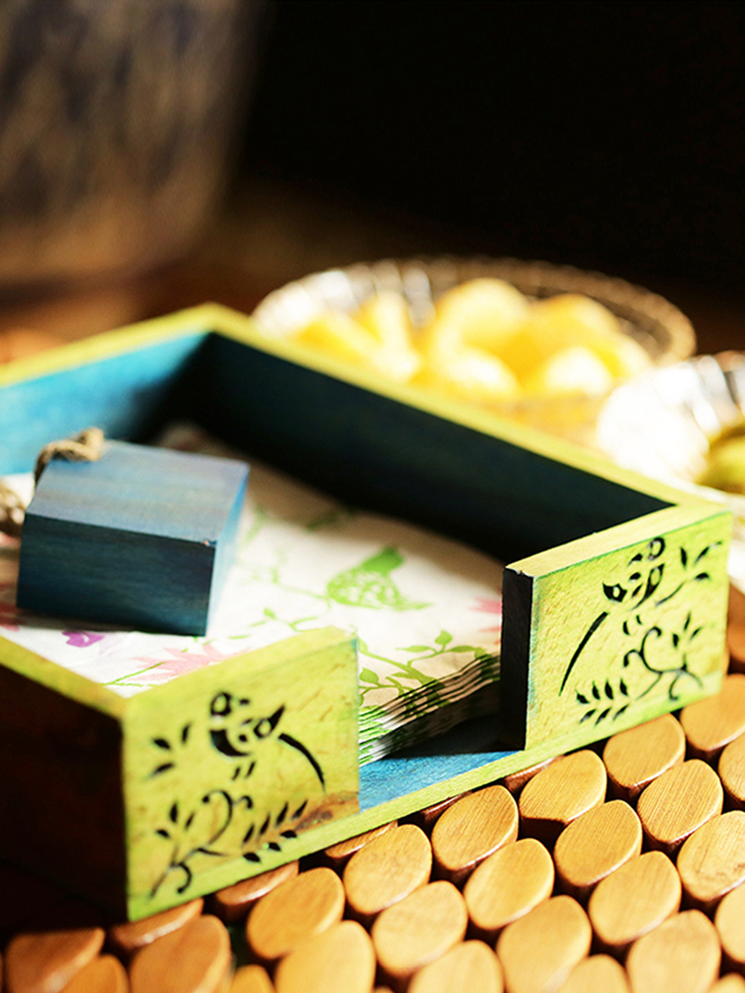 ExclusiveLane Green Wooden Hand Carving Floral Tissue Napkin Holder